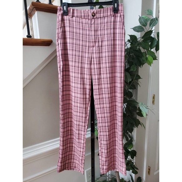SheIn Womens Pink Plaid Polyester Slash Pockets Casual Straight Leg Pants Small - Picture 1 of 10
